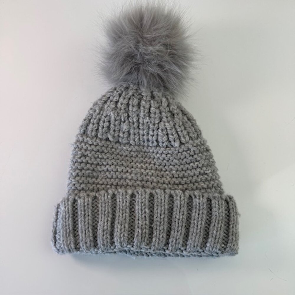 Gray Knit Beanie Hat with Fur Pom Pom Winter Warm Lined